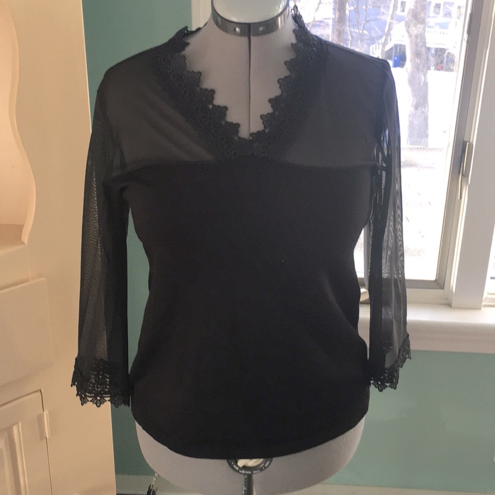 Elegant black lace trimmed v neck blouse size L